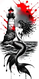  mermaid sitting on a rock and and lighthouse over looking the ocean tattoo design idea