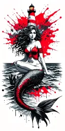  mermaid sitting on a rock and and lighthouse over looking the ocean tattoo design idea