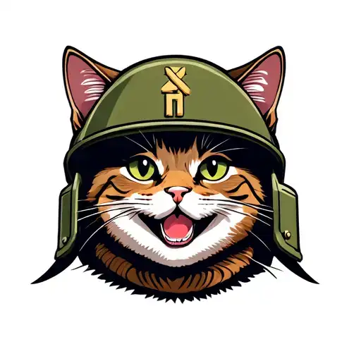cat with a soldier helment smiling deviusly tattoo design idea