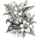 lilies, hummingbird, turtle tattoo design idea