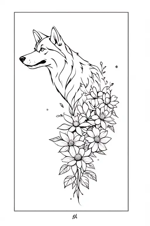 full body Husky Siberian protecting flowers growing inside tattoo design idea
