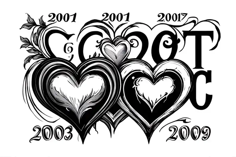 3 hearts one that begins with the end of the other and the letter C and 2001 other with T and 2003 and the last with C and 2009 tattoo design idea