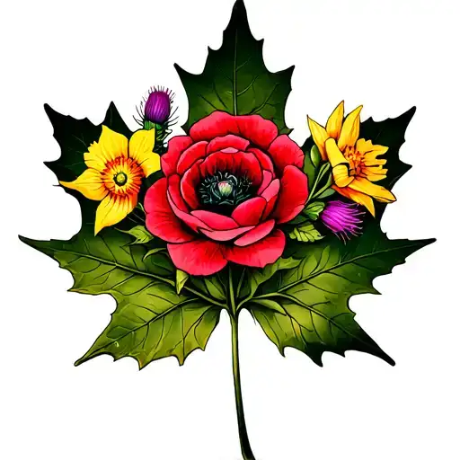 A maple leaf, thistle, rose, daffodil and poppy intertwined  tattoo design idea