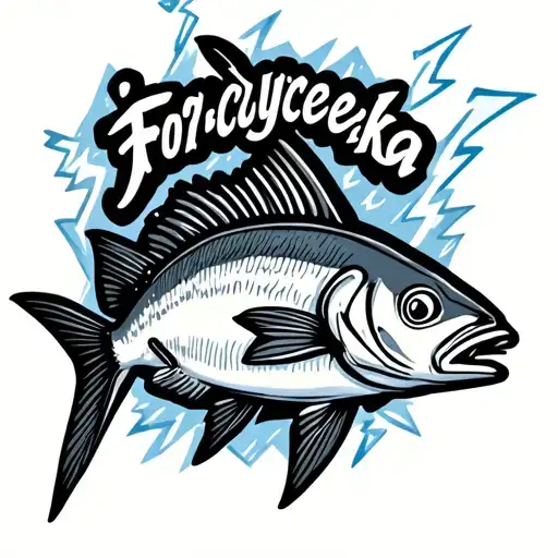 a sardine with text on it that says 𝔉𝔬𝔯ç𝔶𝔯𝔠𝔢𝔨𝔞 with lightning surrounding the fish  tattoo design idea