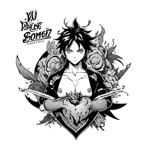 Full sleeve tattoo with Corazon from one piece, fullmetal alchemist, yu yu hakusho, Bulbasaur, and other big anime works tattoo design idea