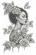 Domestic Violence survivor lesbian black light skin bald curly hair woman emerging from a bed of roses  tattoo design idea