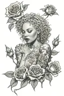 Domestic Violence survivor lesbian black light skin bald curly hair woman emerging from a bed of roses  tattoo design idea