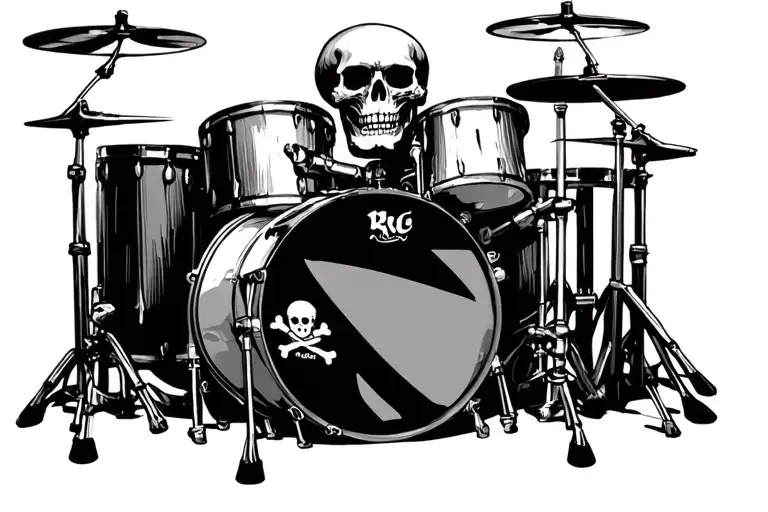 Drum set with a skull and crossbones made of drumsticks tattoo design idea