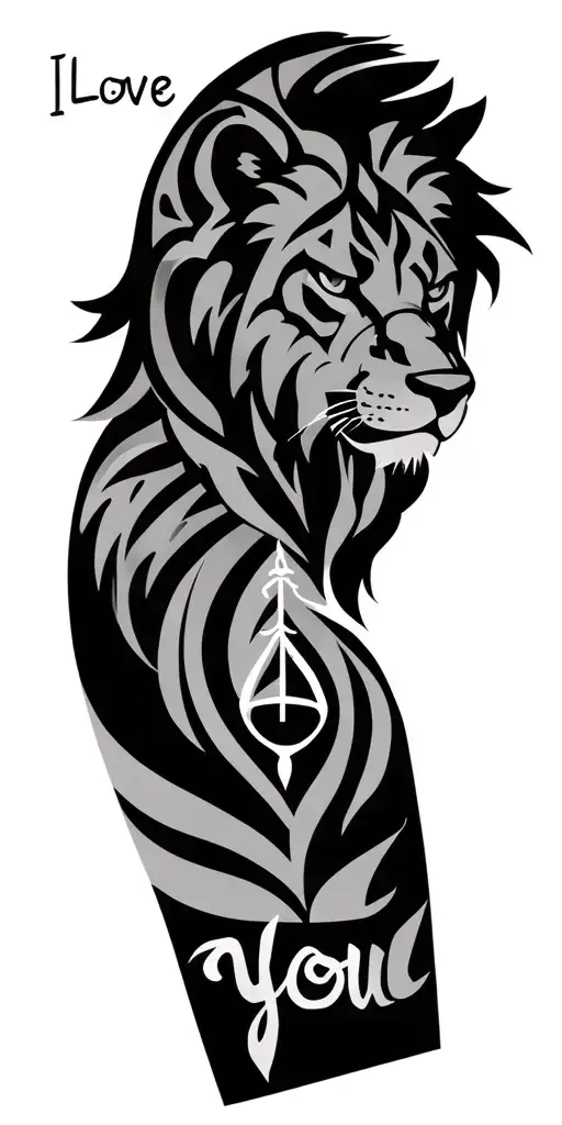 "I love you" drawing a tribal tattoo on the arm with a tribal lion head represents me my deceased mother with the sign of the balance tattoo design idea