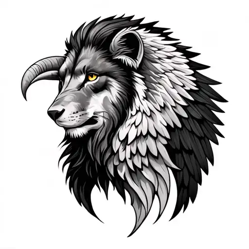 Goat horn with male lion and Alpha wolf combined face with eagle wings  tattoo design idea
