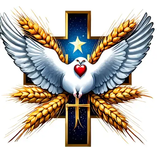 Cross and dove with ears of wheat and heart with star tattoo design idea