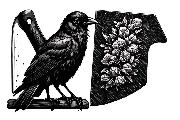 Black bird sitting on a meat cleaver tattoo design idea