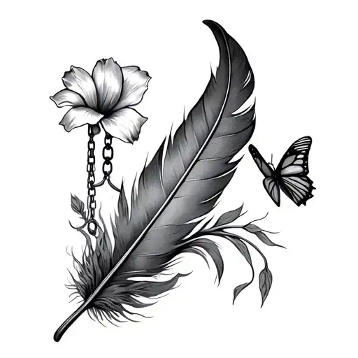A slightly bent feather tied using hanging chain with a flower and a butterfly flying  tattoo design idea