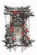 shrine gate with modern art style with trishul in between tattoo design idea