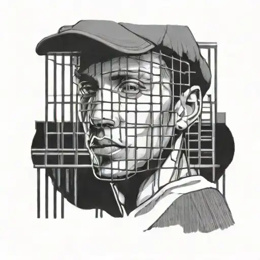 half of the rapper nf's face that blends into a cage with his house inside with a shadow person facing the other way tattoo design idea