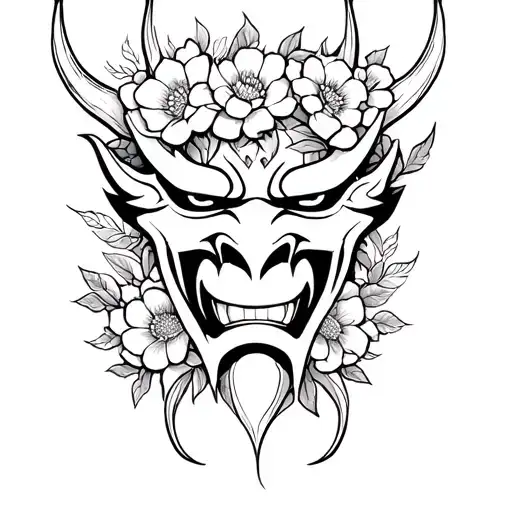 oni mask wrapped in flowers tattoo design idea