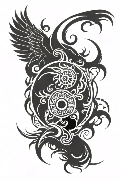 yin-yang black white angel and demon wings surround the symbol, horn and halo inside the symbol fire and water tattoo design idea