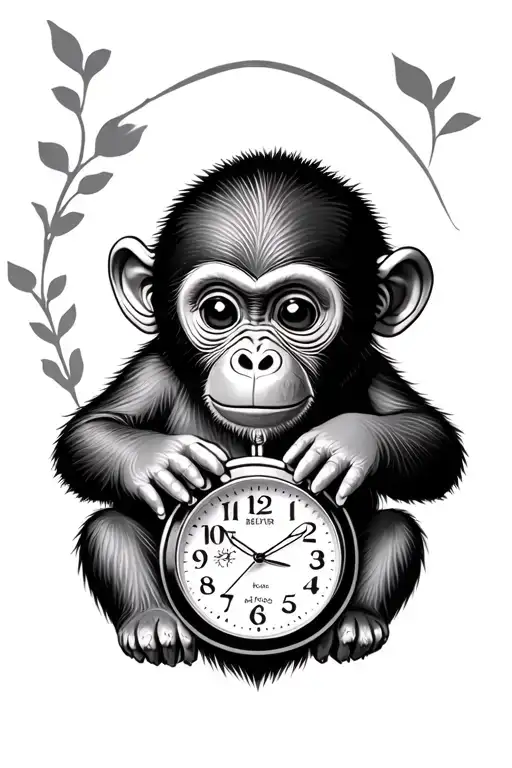 baby monkey and watch surrounded tattoo design idea