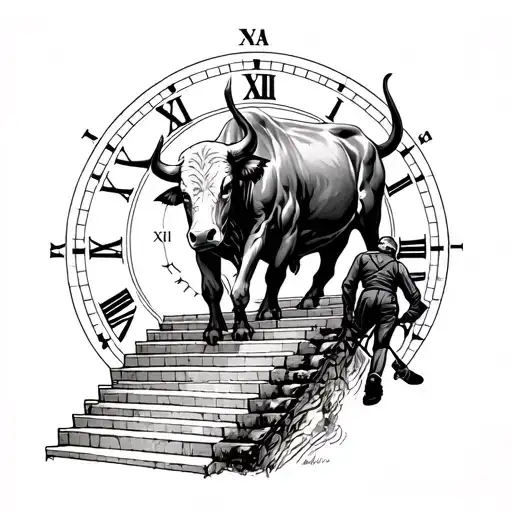A man climbing on the stairs of time growing with every step on the side the significance of the bull and the right power tattoo design idea