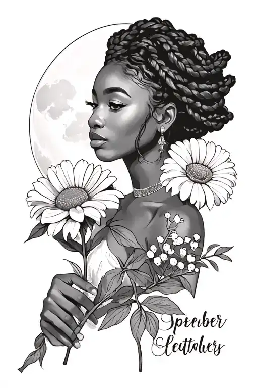 Afrocentric black woman with braided hair holding the September birth flower, with  the moon in the background tattoo design idea