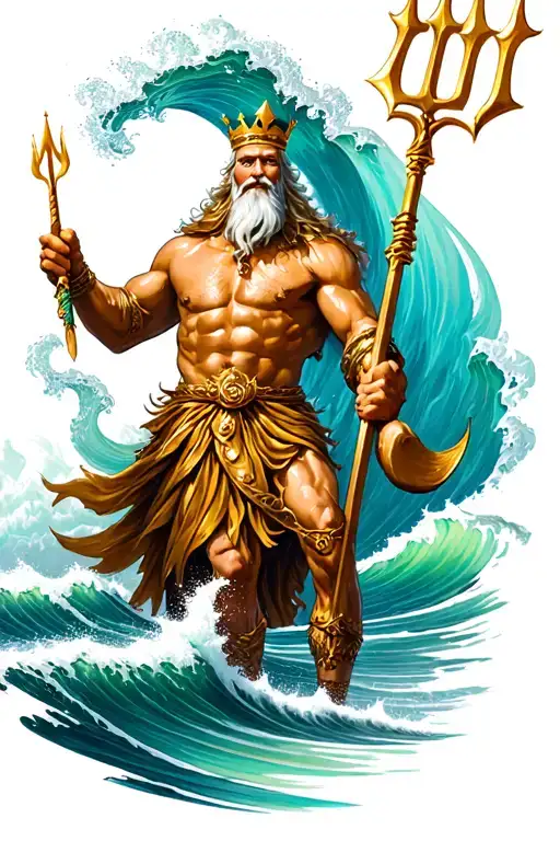 king Neptune with trident riding wave to shore ever and evermore" tattoo design idea