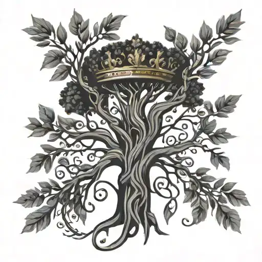 A tree intertwined with a Roman crown, symbolizing strength and royalty tattoo design idea
