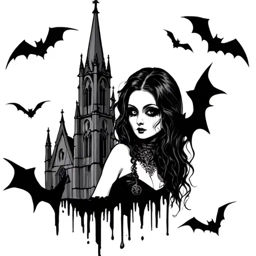 Goth woman face with gothic cathedral and bats tattoo design idea