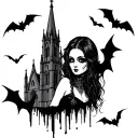 Goth woman face with gothic cathedral and bats tattoo design idea