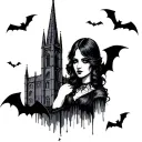 Goth woman face with gothic cathedral and bats tattoo design idea