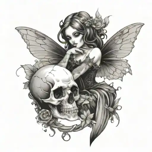 gothic fairy holding skull tattoo design idea