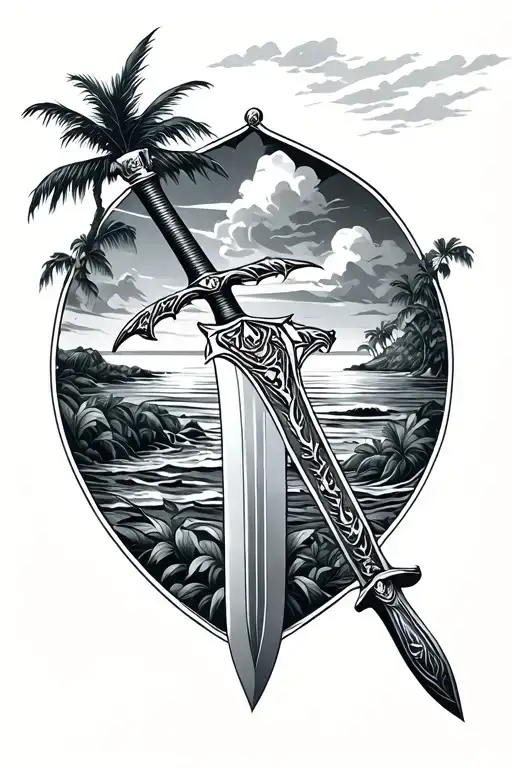 great sword with the Caribbean island landscape integrated into it tattoo design idea