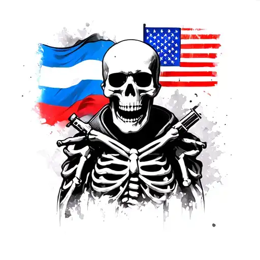 Sicario skeleton from sicario day of the soldado with russian flag on left and american flag on right tattoo design idea
