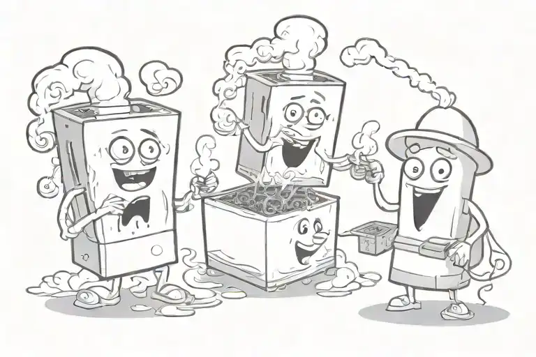 2 cartoon ghosts with a box smoker in the middle and smoke cloud  tattoo design idea