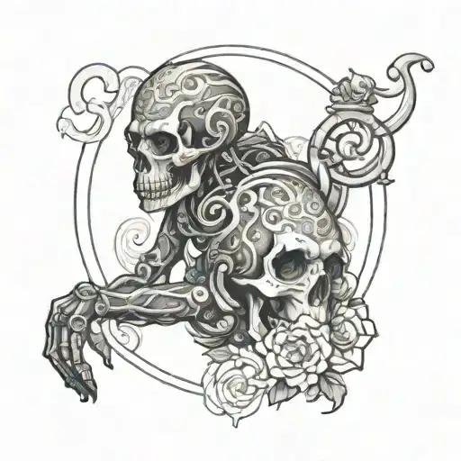 tattoo tattoo where a girl is depicted half with a skull head next to ausini a metal monkey everything is done in the st tattoo design idea