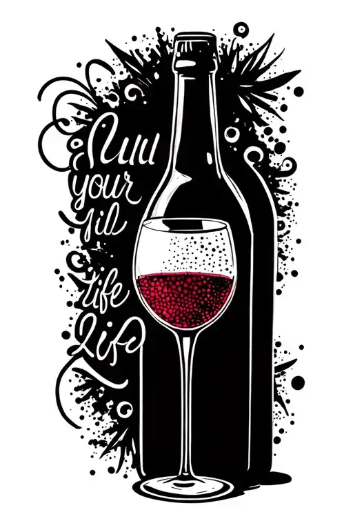 a glass of red wine with a bottle and the inscription fill your life tattoo design idea
