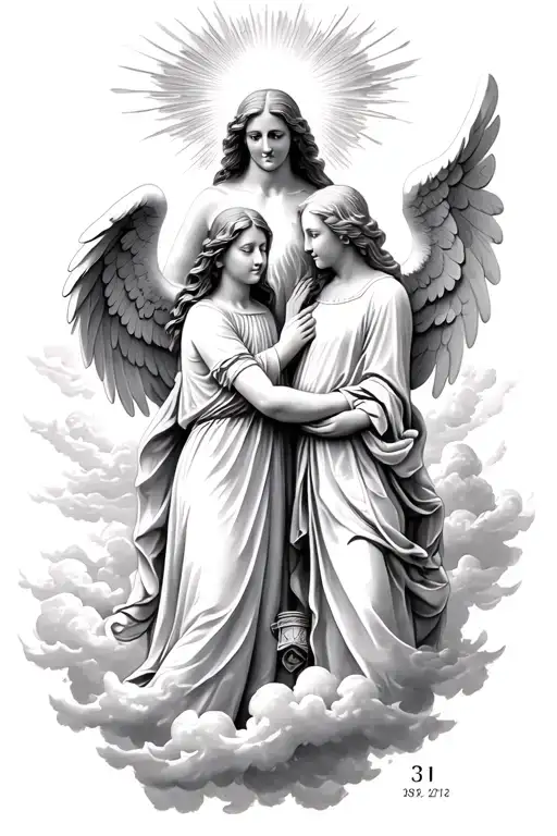 Realistic style, God in heaven, two angels for grandparents, clouds and light rays, black and white, dates of birth: 31. tattoo design idea