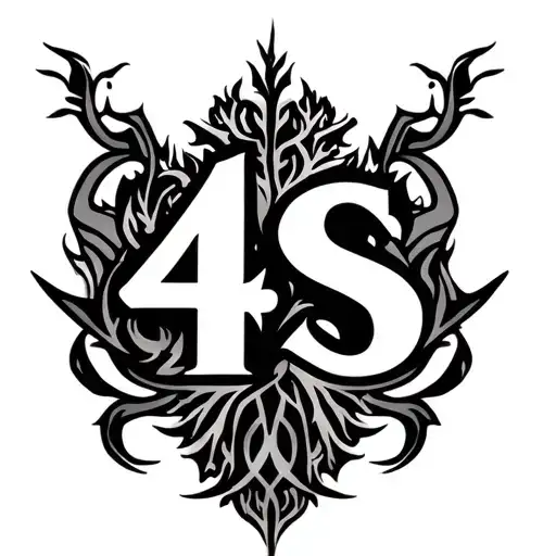 Tribal tattoo with "4S" in the middle. In the tattoo, there is also a beautiful family tree and a scorpion. tattoo design idea