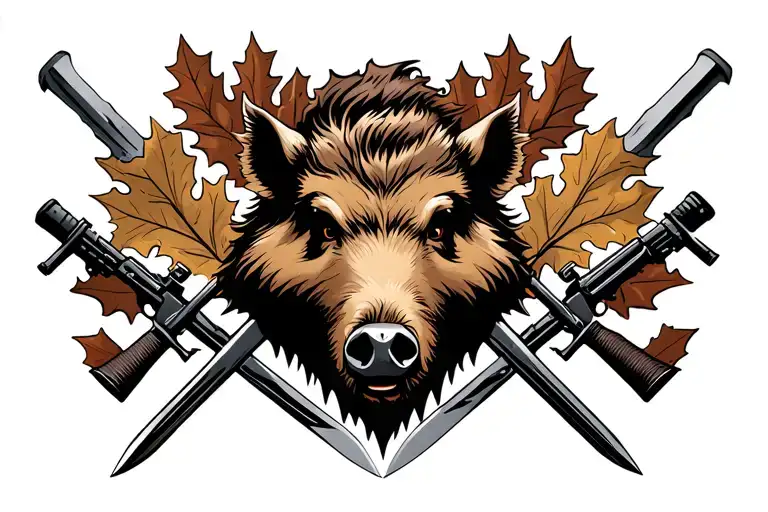 Coat of arms with a boar's face with oak leaves and swords of motorized rifle troops against the background tattoo design idea