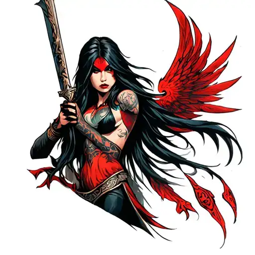 Morrigan armed with a weapon tattoo design idea