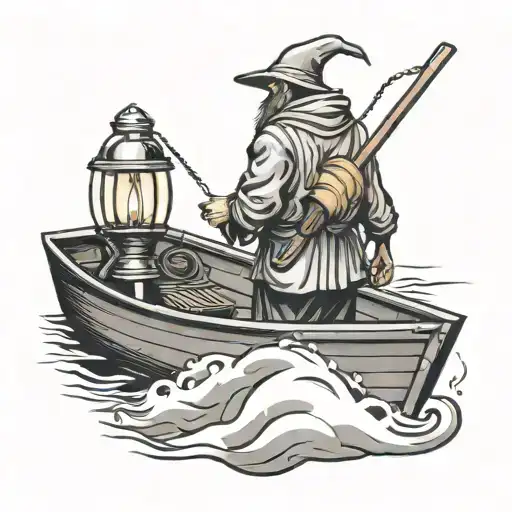 rear view ferryman charon neo traditional style standing in a boat with a lantern tattoo design idea
