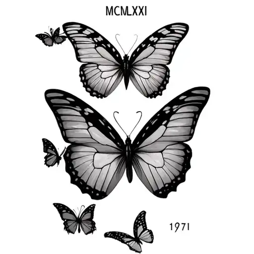 Got it! So you want:	•	Six butterflies flying toward the Roman numerals for 1971 (MCMLXXI)	•	The butterflies to start  tattoo design idea