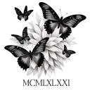 Got it! So you want:	•	Six butterflies flying toward the Roman numerals for 1971 (MCMLXXI)	•	The butterflies to start  tattoo design idea