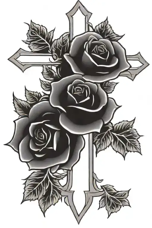Western cross and roses tattoo design idea