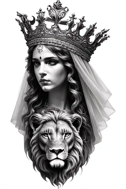 black & grey realism greek goddess leto wearing crown with veil, a lion and moon tattoo design idea