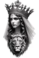 black & grey realism greek goddess leto wearing crown with veil, a lion and moon tattoo design idea