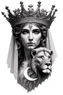 black & grey realism greek goddess leto wearing crown with veil, a lion and moon tattoo design idea