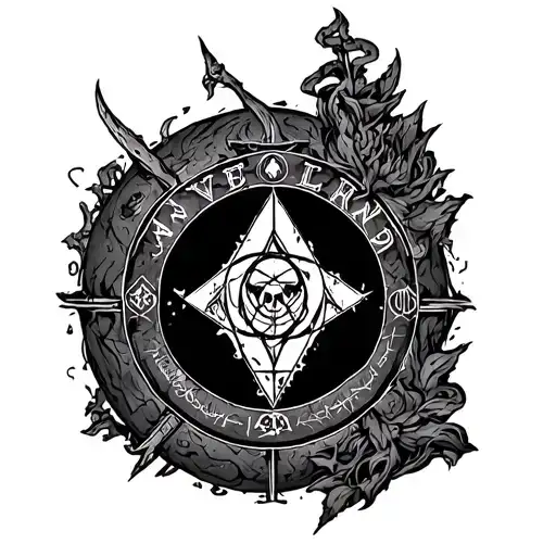 Dark and aggressive tattoo design for chest, 'Neverland' theme, occult symbols, alchemical circle with 'Neverland' carve tattoo design idea