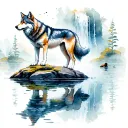 Female wolf standing on rock looking into a water pool with a waterfall background a male wolf appears in reflection tattoo design idea