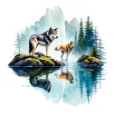 Female wolf standing on rock looking into a water pool with a waterfall background a male wolf appears in reflection tattoo design idea