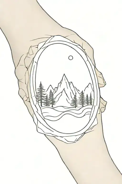 ocean mountain trees looking through lens tattoo design idea